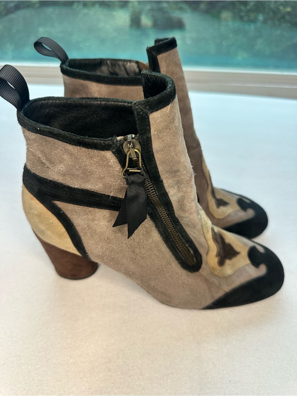 Maliparmi Italian Suede Colorblock Western Patchwork Heeled Booties